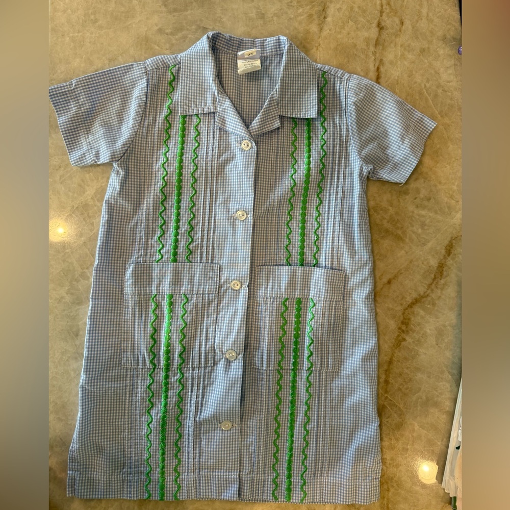 Six Honeybees Girls Guayabera Dress - Light Blue Gingham w/ Green Embroidery, 2T
